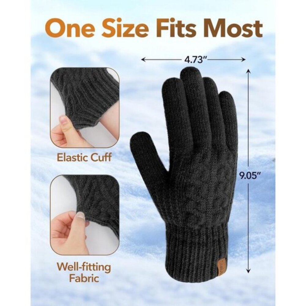 ⚡Women & Men Black+Black Winter Touch Screen Warm Thick Fleece Lined Knit Gloves - Picture 2 of 7